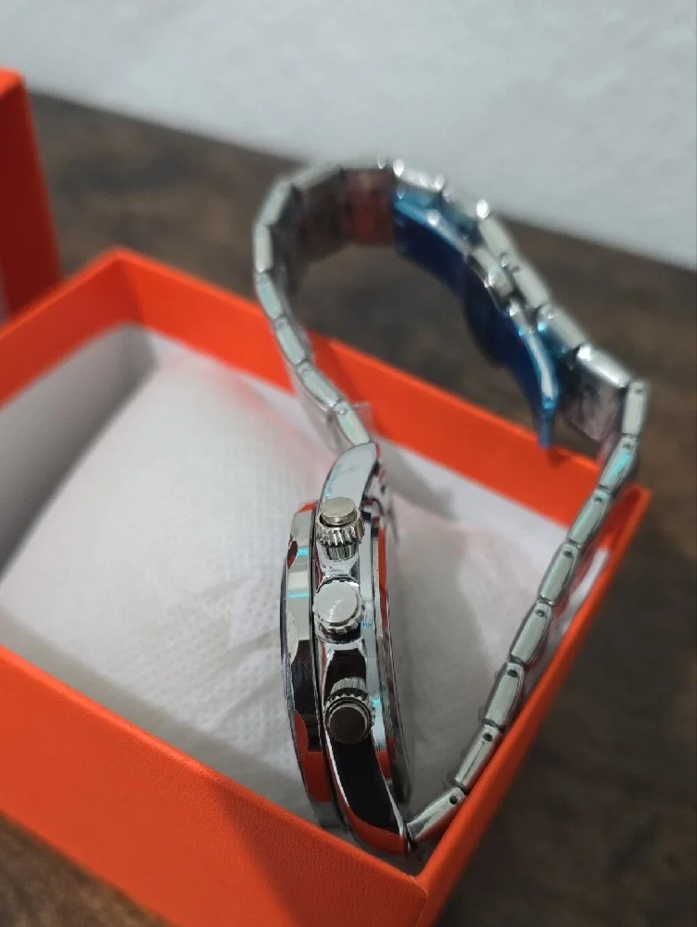 Men's Silver Watch with Blue Bezel